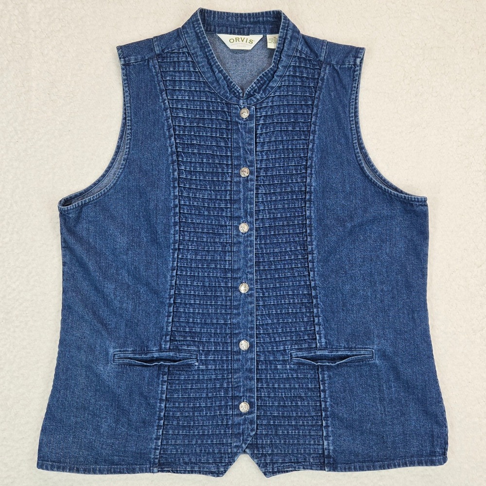 Orvis Denim Vest Womens 16 Blue Pintuck Pleated Button Front Mandarin Collar Top - Picture 3 of 12